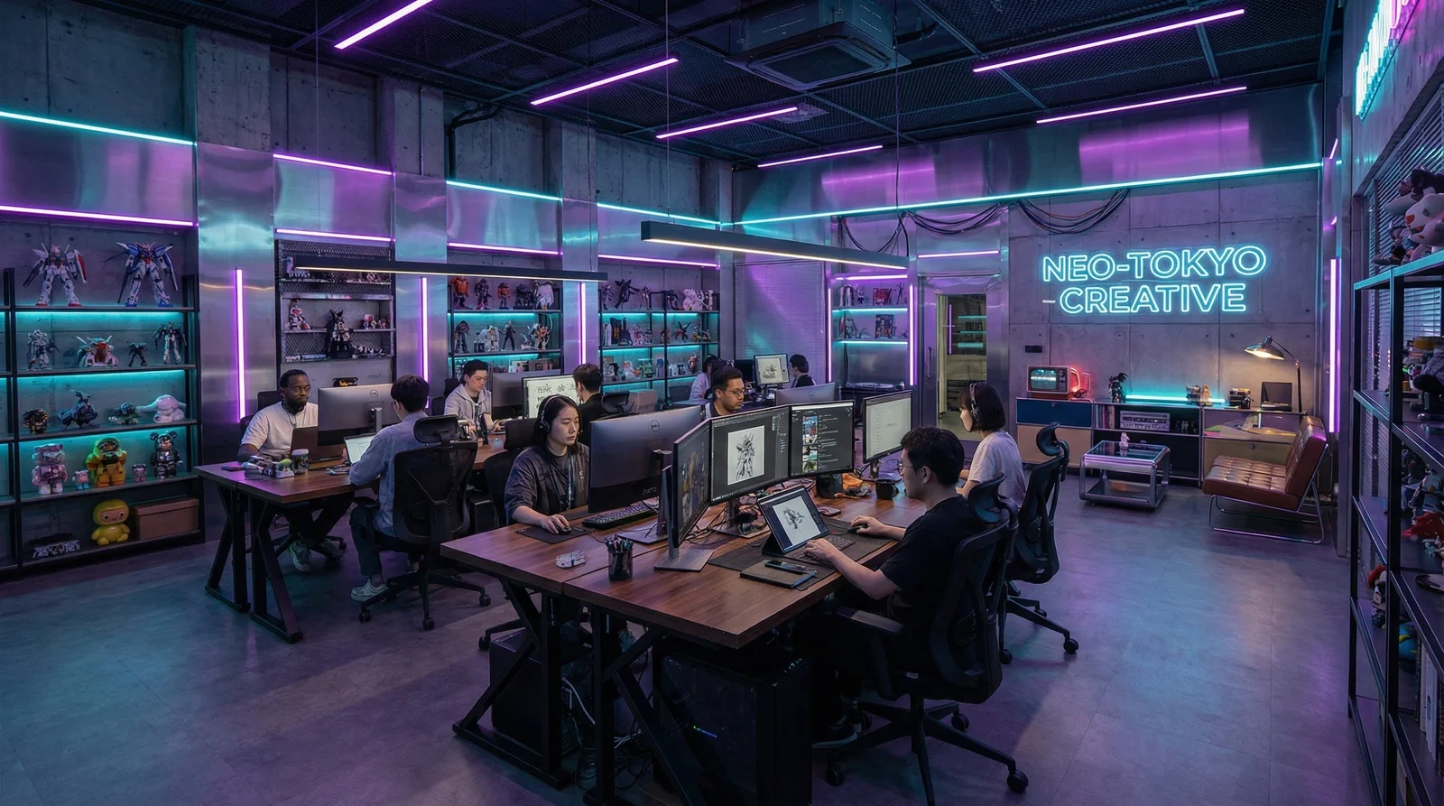 里番资源-最新视频自创内容发布|原创不易团队在赛博朋克风格创意办公室中工作